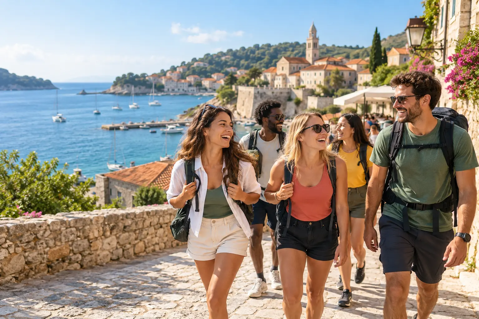 Friends arriving together on a group trip in a Mediterranean coastal town