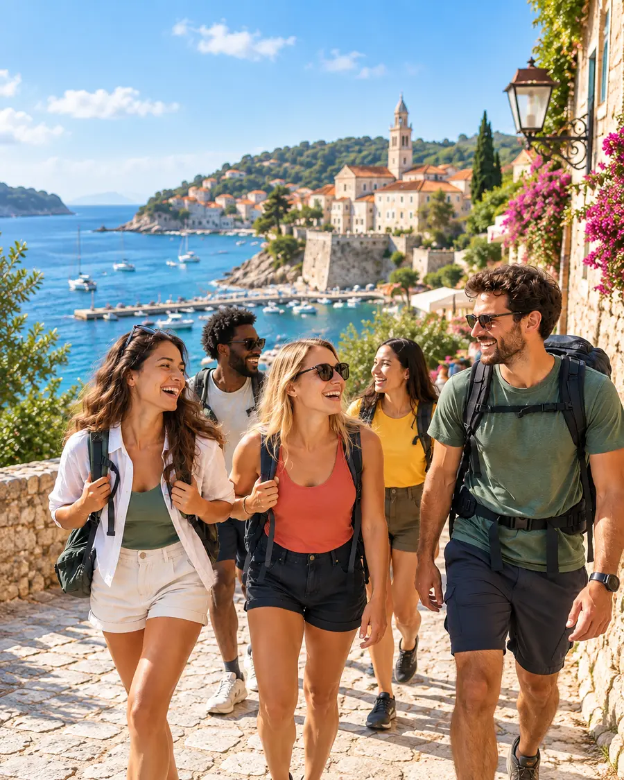 Friends arriving together on a group trip in a Mediterranean coastal town